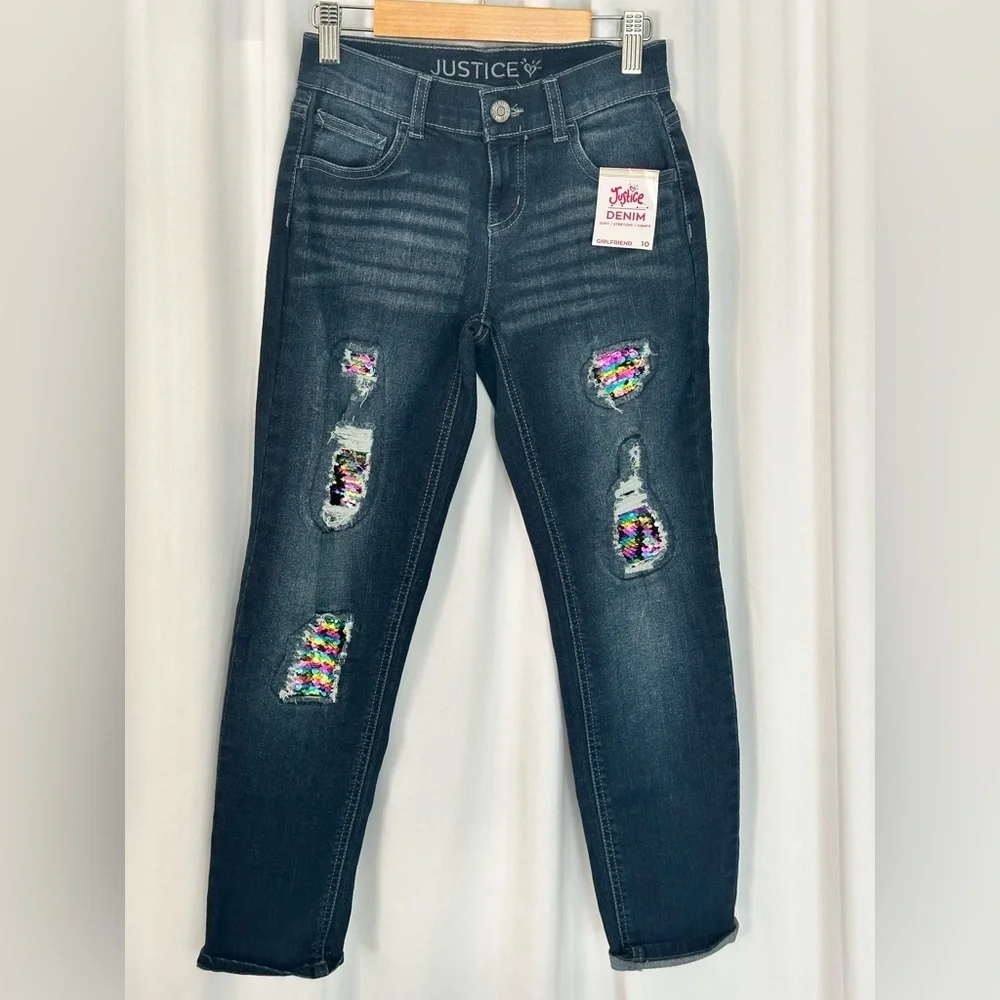 Justice Girls Girlfriend Jeans Size 10 | Rainbow Sequin Distressed Denim (1218)